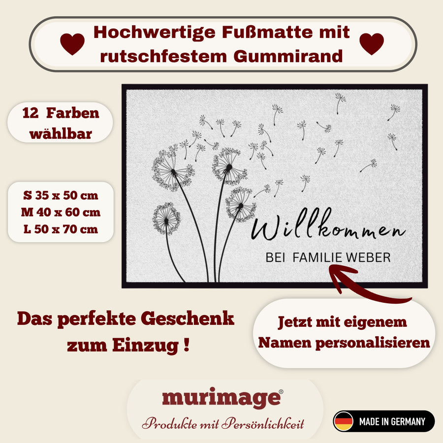 Personalisierte Fußmatte mit Namen – Willkommen bei Familie – Pusteblume Türmatte mit Gummirand