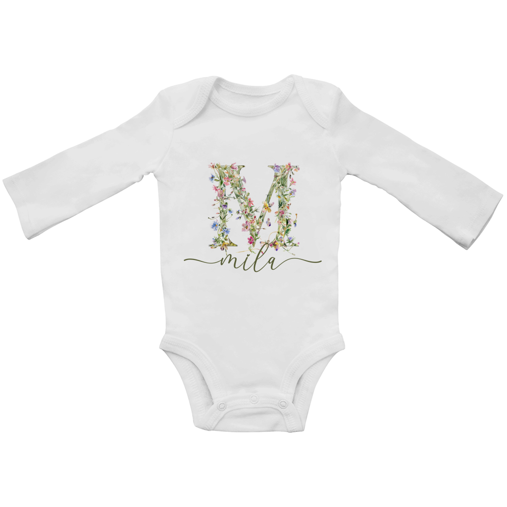 Personalisierter Baby Bio Body mit Wildblumen Monogramm & Namen – Geschenk zur Geburt für Mädchen & Jungen